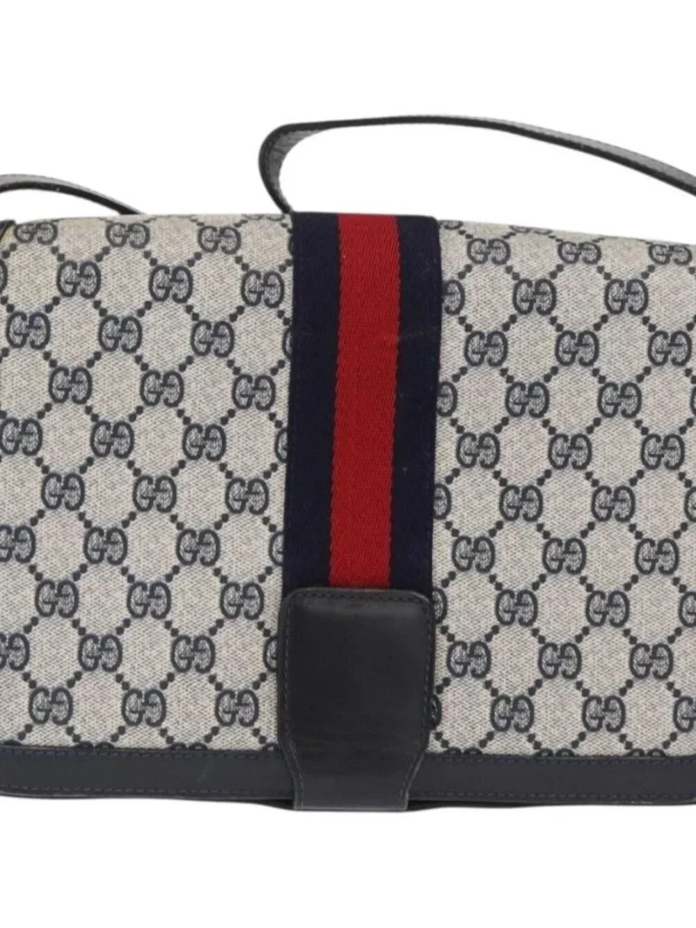 GUCCI GG Supreme Sherry Line Shoulder Bag PVC Navy Gold Auth ka2109